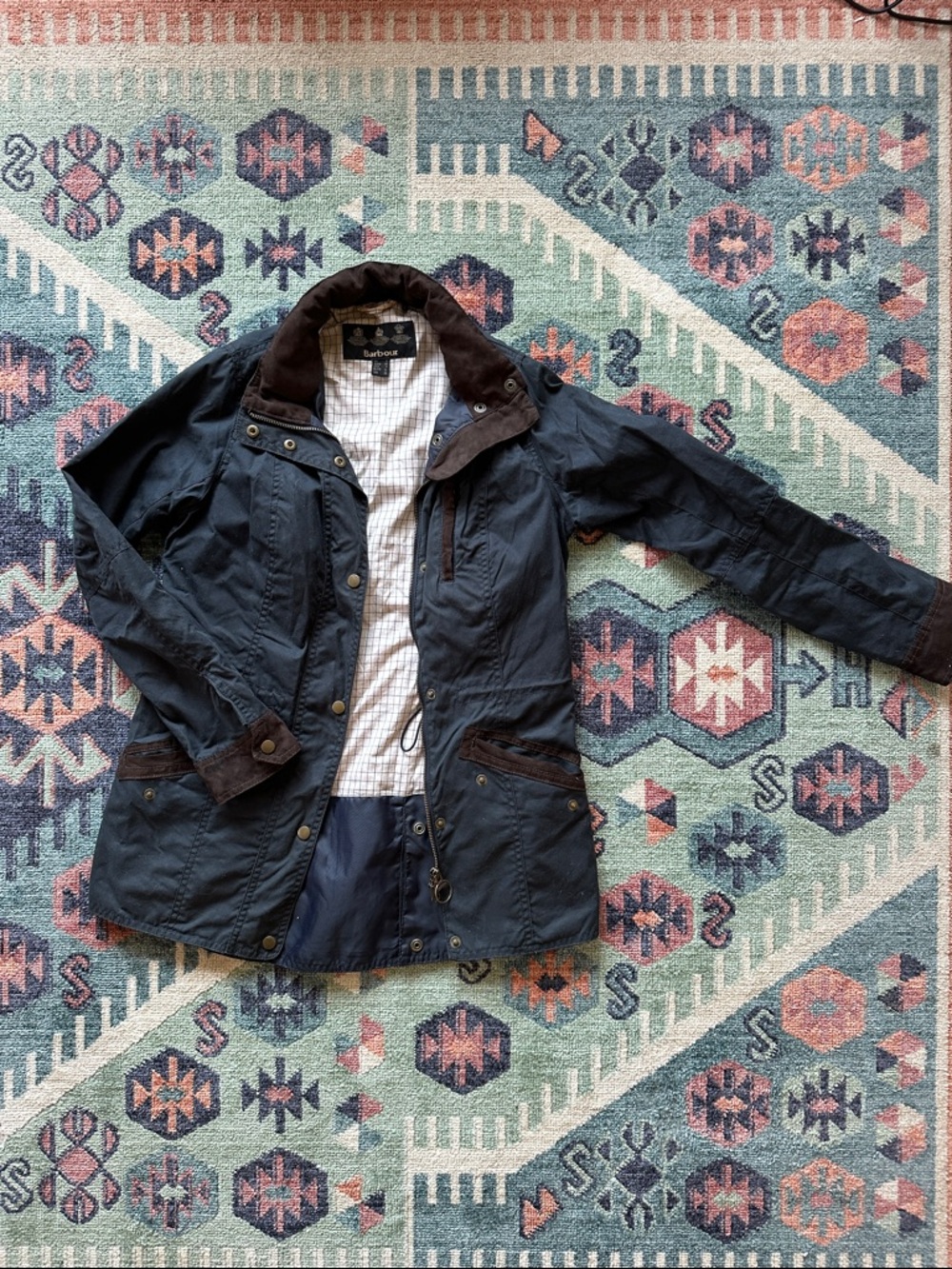 Barbour women Navy Field chore Jacket with Brown Corduroy Trim Sz 4